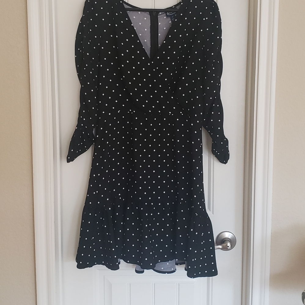 Black & white polka dot overlap V neck dress